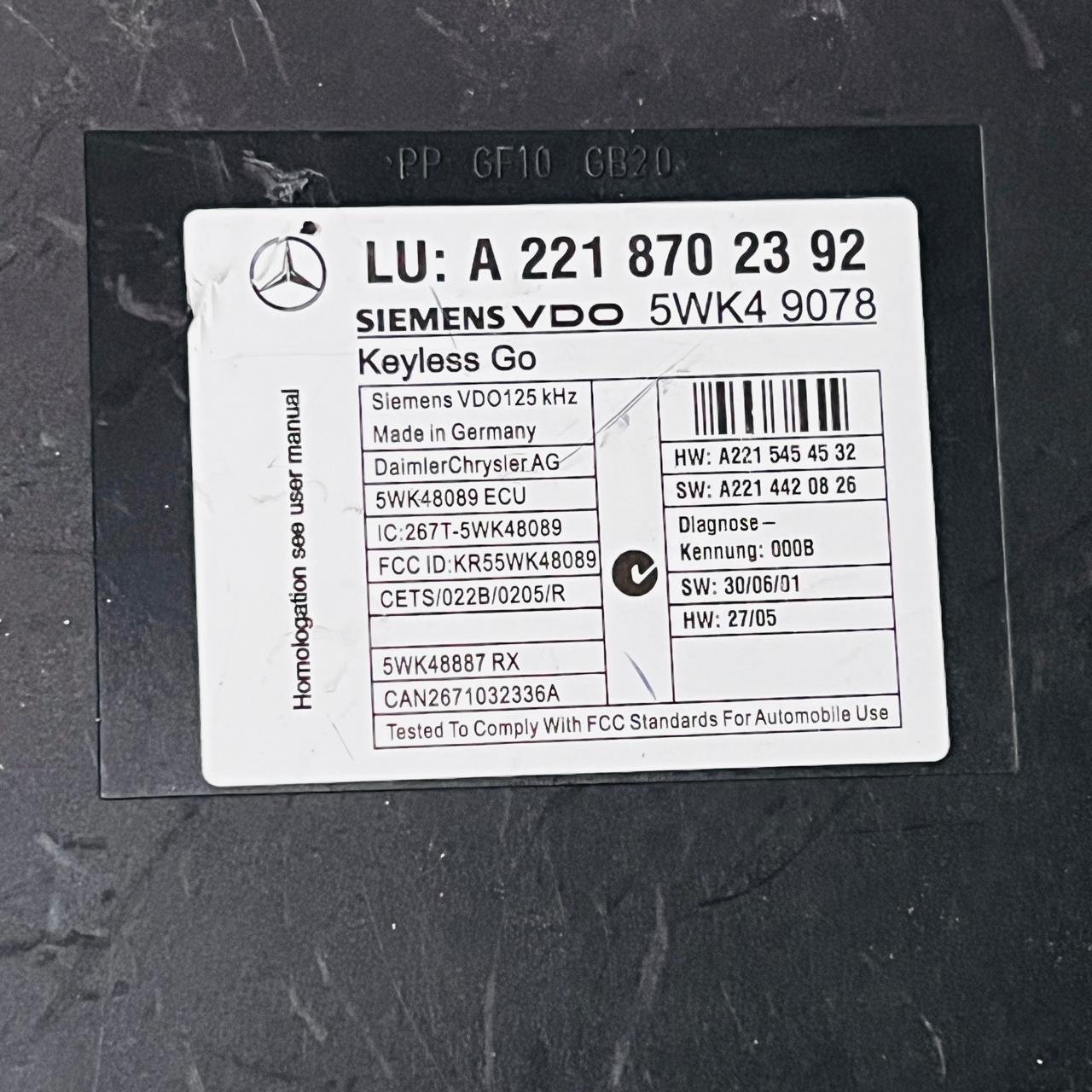 2007-2013 Mercedes-Benz CL550 Keyless Control Module A2218702392 5WK49078 - OEM Mercedes-Benz Keyless Entry Control Module