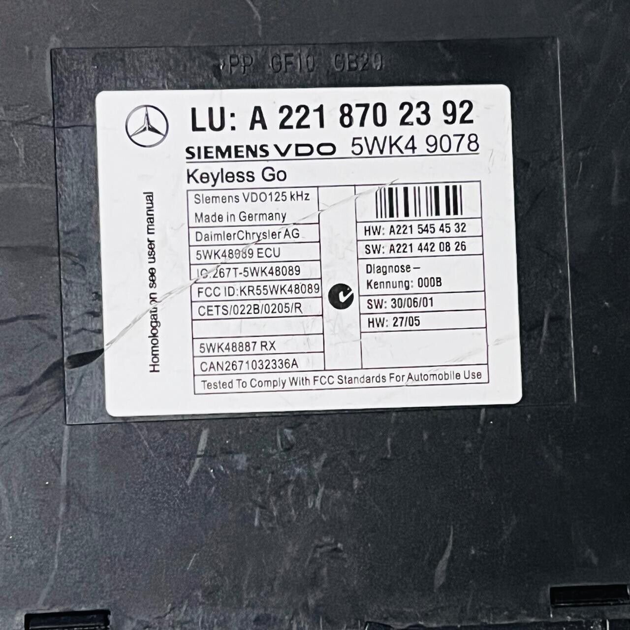 2007-2013 Mercedes-Benz CL550 Keyless Control Module - A2218702392 / 5WK49078 - OEM Mercedes-Benz Keyless Entry Control Module